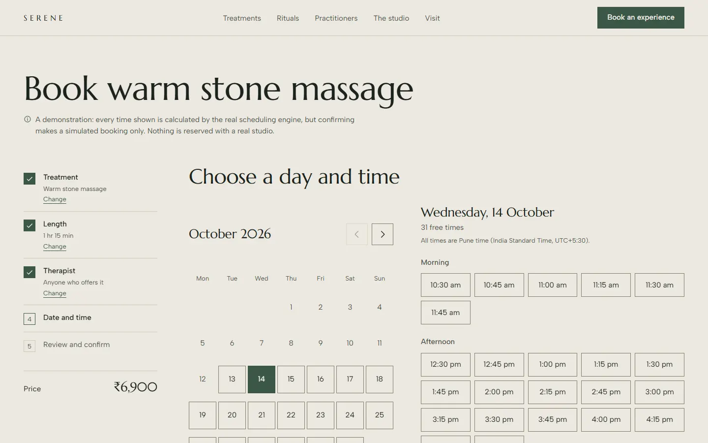 Serene booking, step four: a calendar for October with Wednesday 14 selected and free times grouped into morning and afternoon, beside a summary of the chosen warm stone massage.