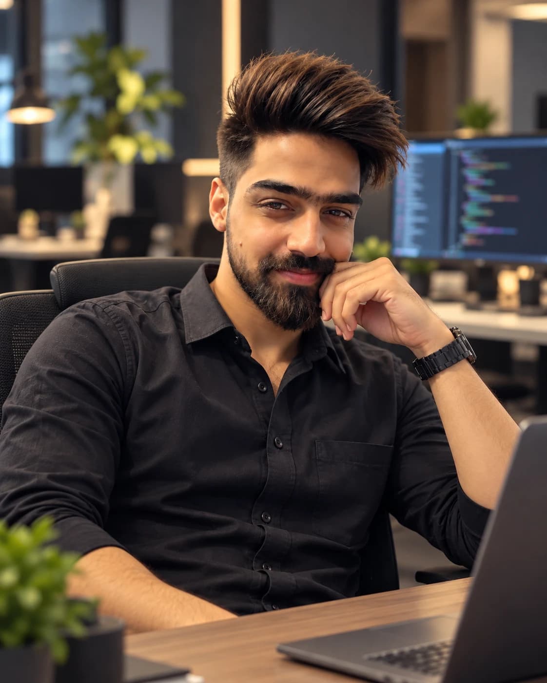 Portrait of Kanishk Dixit seated at a desk in a modern workspace.