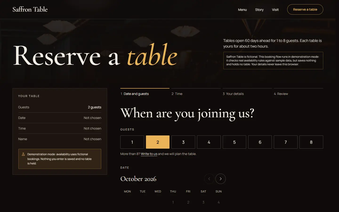 Saffron Table booking, step one of four: party size buttons from 1 to 8 with 2 selected, a calendar for October 2026, a summary panel and a notice that the booking flow runs in demonstration mode.